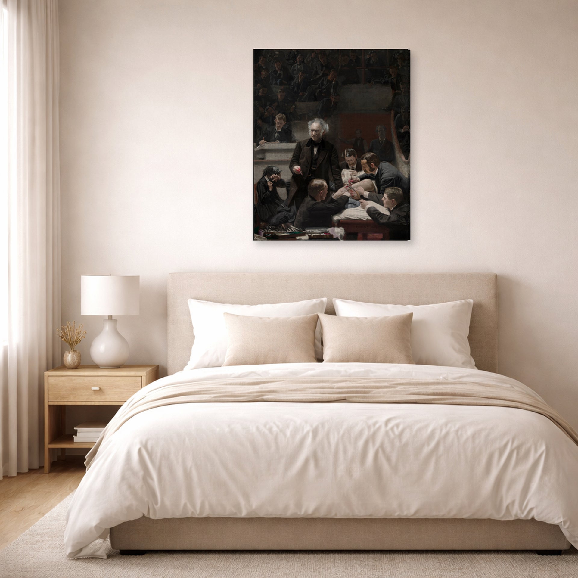 Gallery-wrapped canvas print of Thomas Eakins's The Gross Clinic displayed on a wall in a bedroom