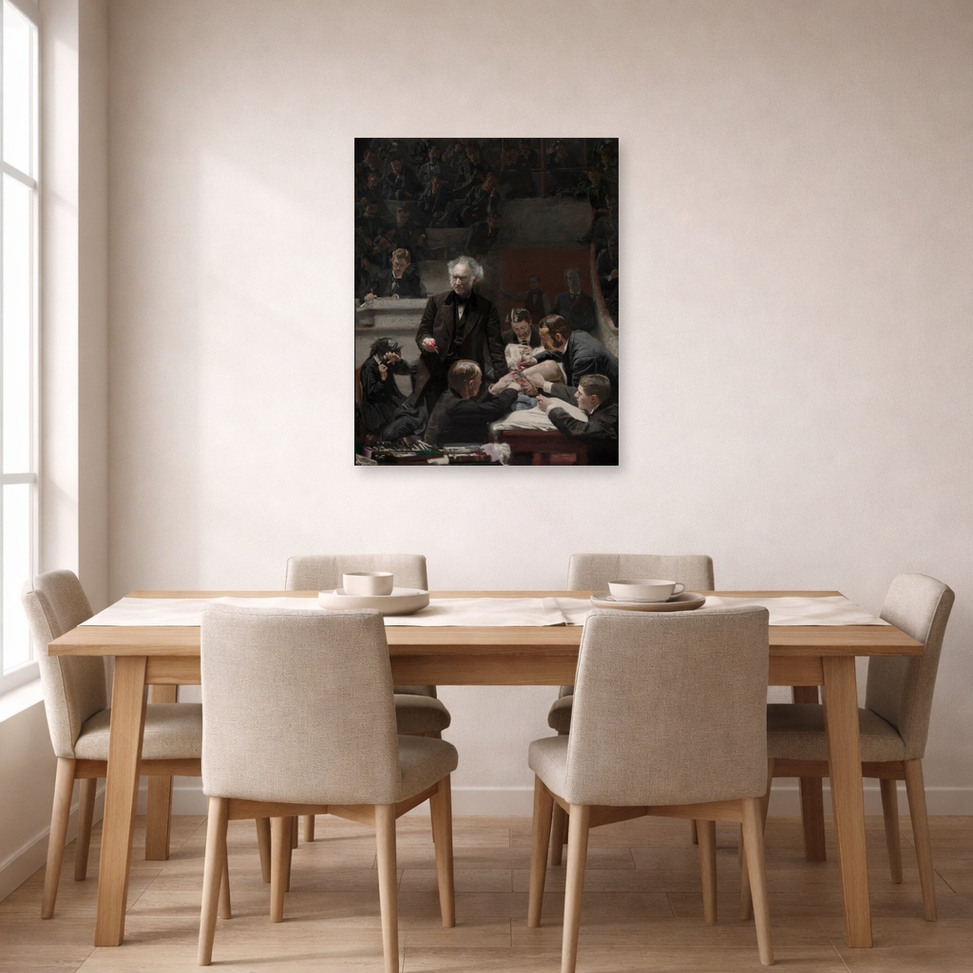 Unframed poster print of Thomas Eakins's The Gross Clinic displayed on a wall in a dining room