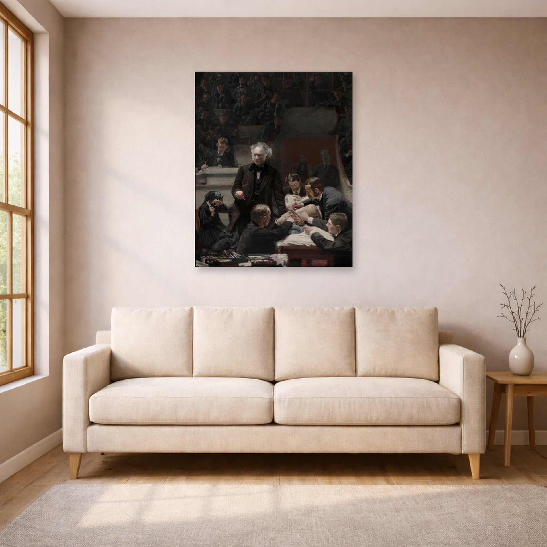 Unframed poster print of Thomas Eakins's The Gross Clinic displayed on a wall in a living room