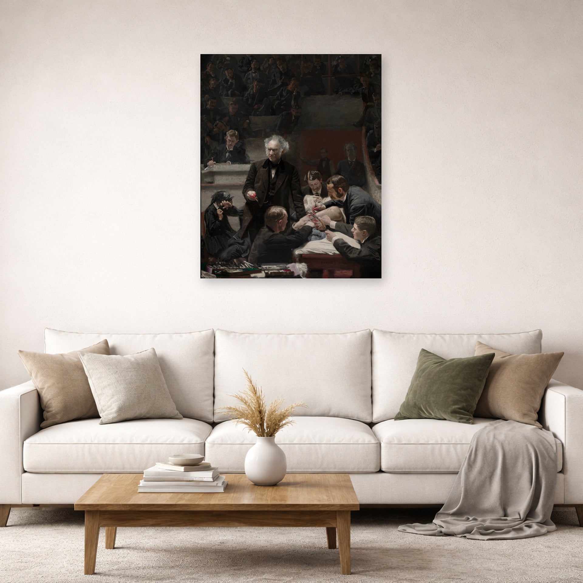 Unframed poster print of Thomas Eakins's The Gross Clinic displayed on a wall in a living room