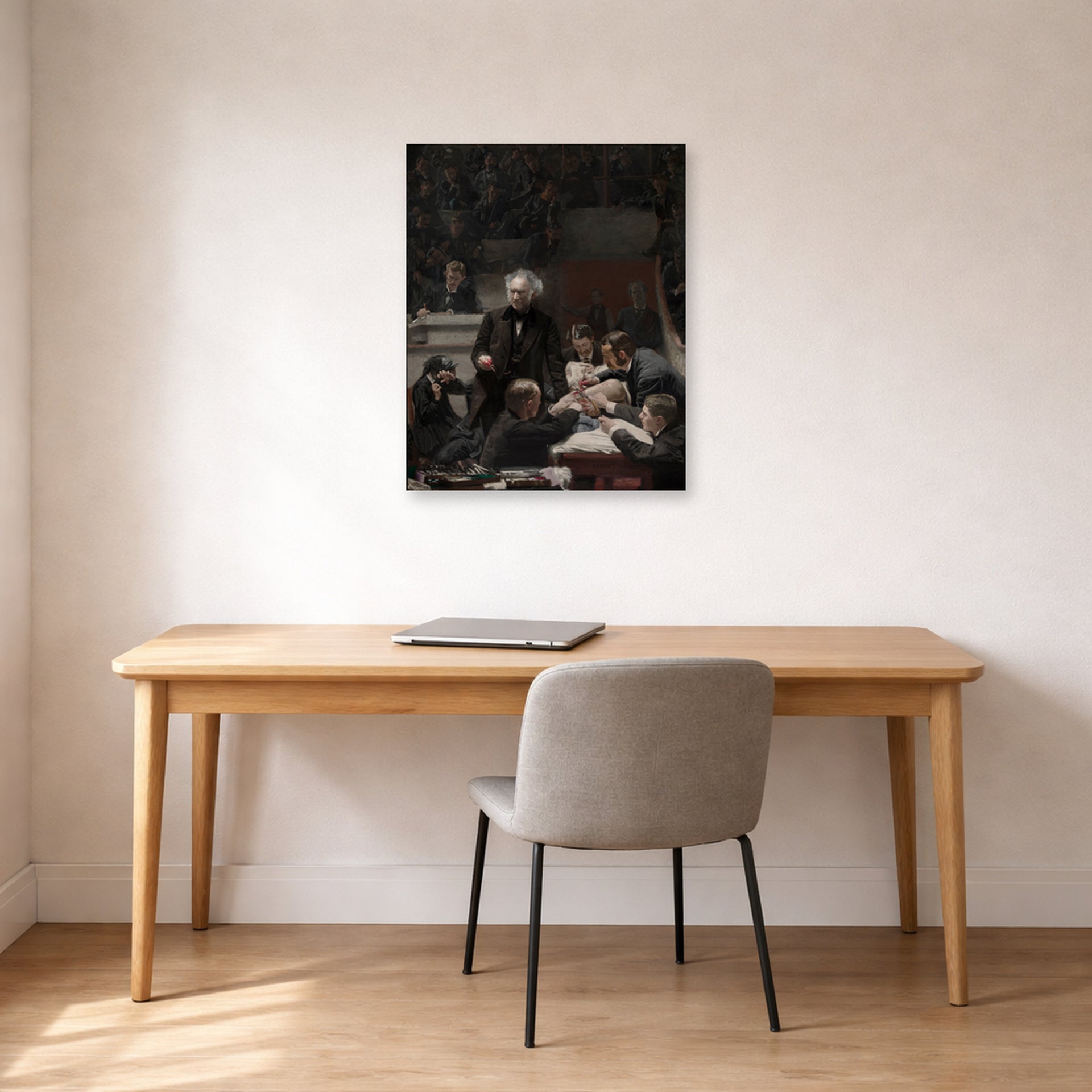 Unframed poster print of Thomas Eakins's The Gross Clinic displayed on a wall in a office