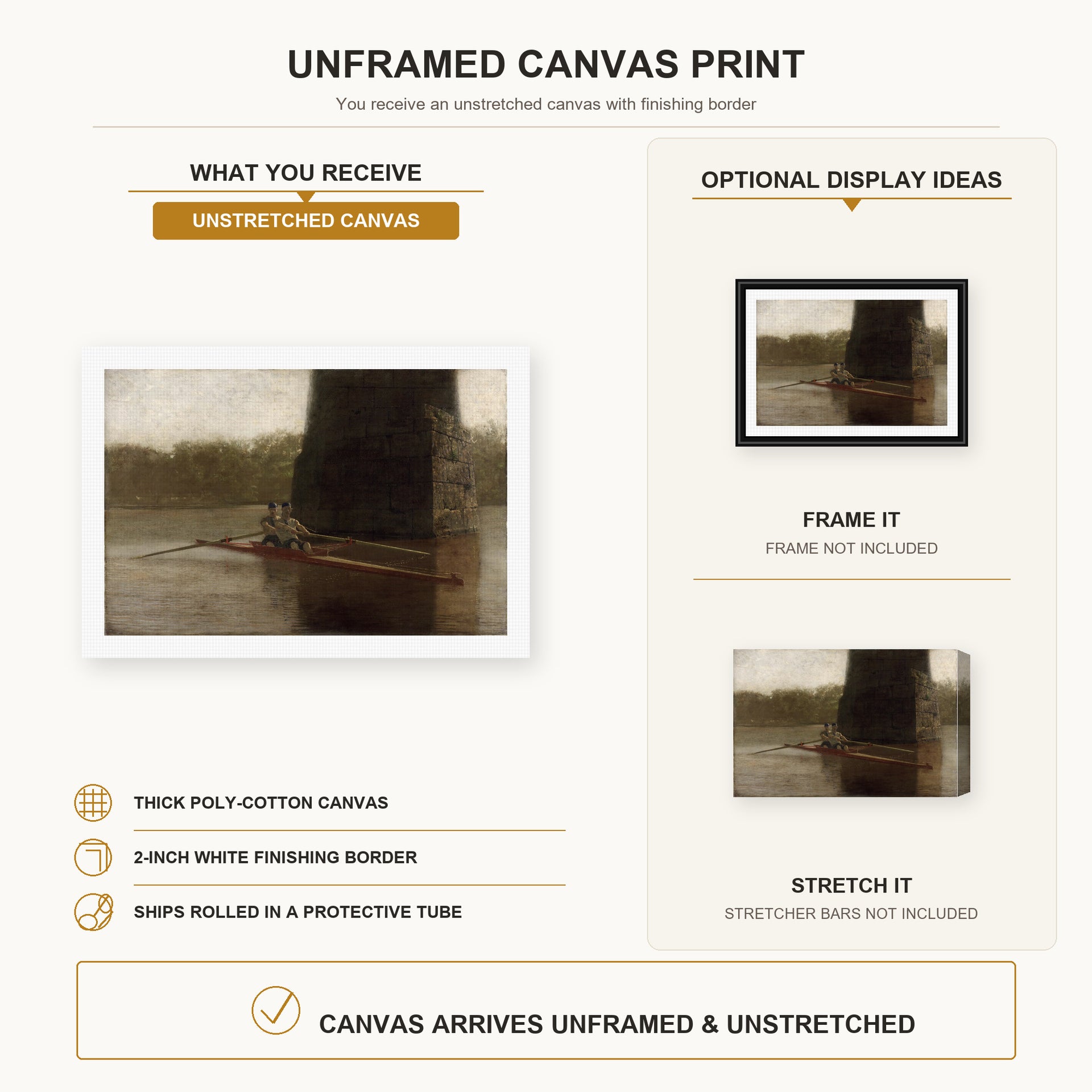 Thomas Eakins - The Pair Oared canvas print size comparison and framing display infographic