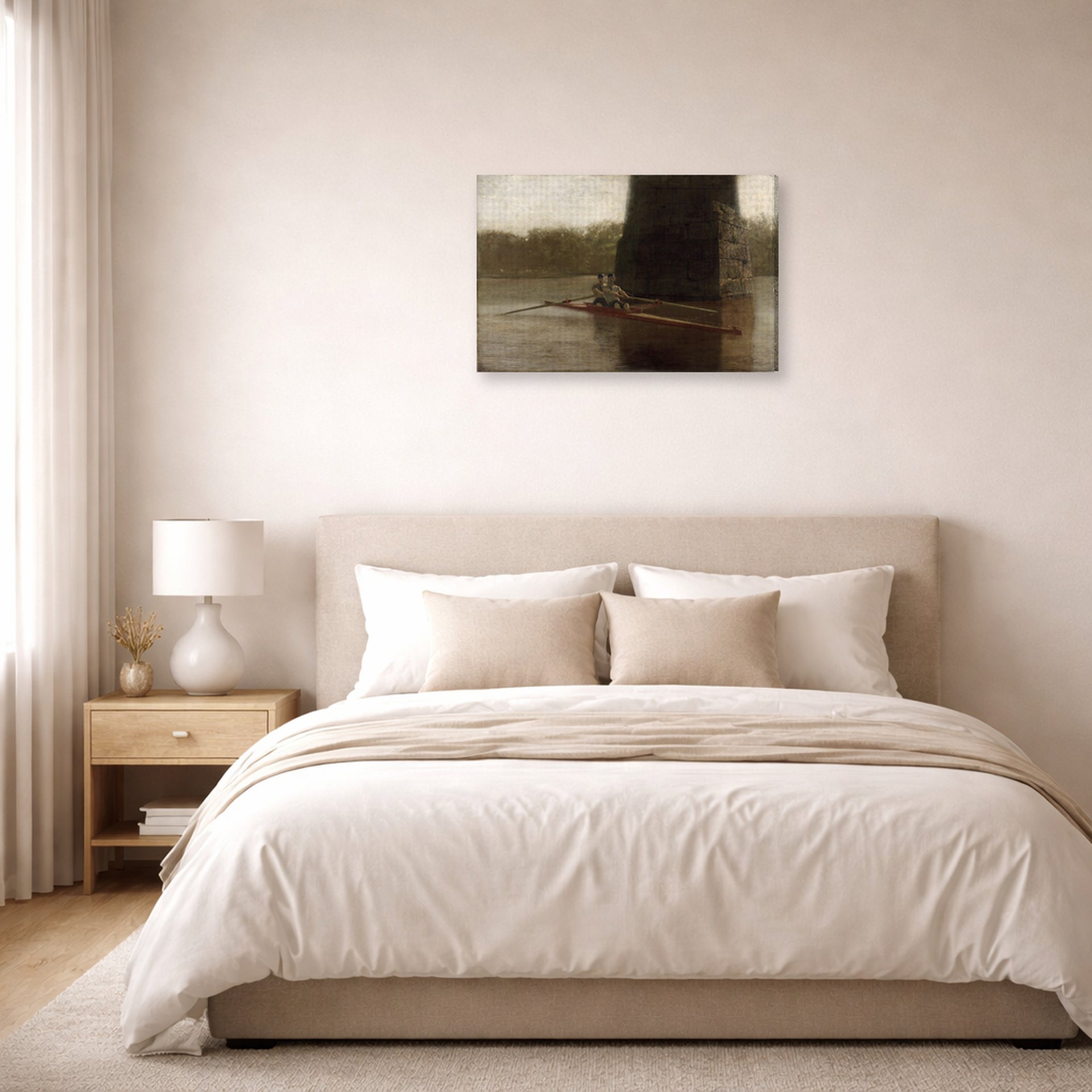 Gallery-wrapped canvas print of Thomas Eakins's The Pair Oared displayed on a wall in a bedroom