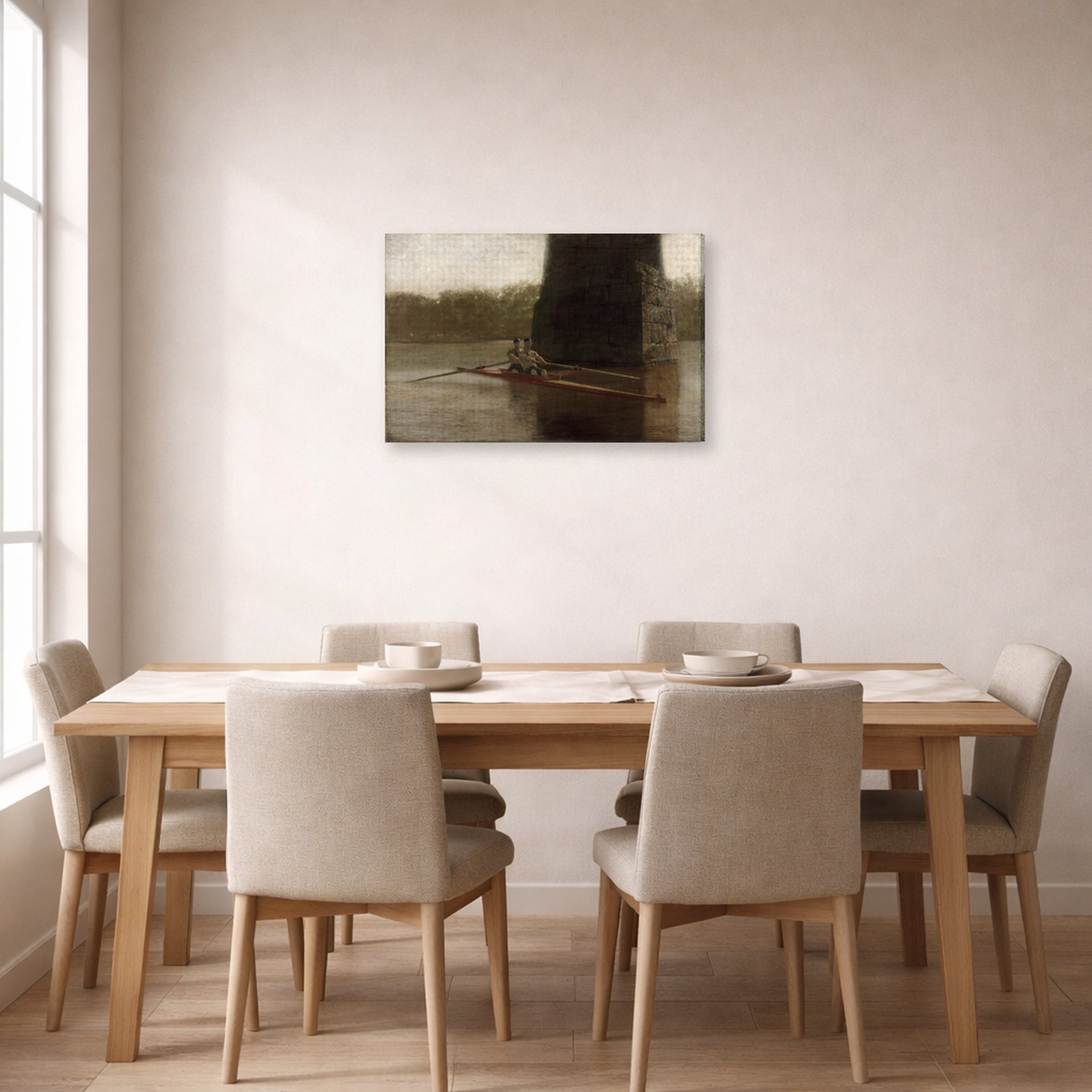 Gallery-wrapped canvas print of Thomas Eakins's The Pair Oared displayed on a wall in a dining room