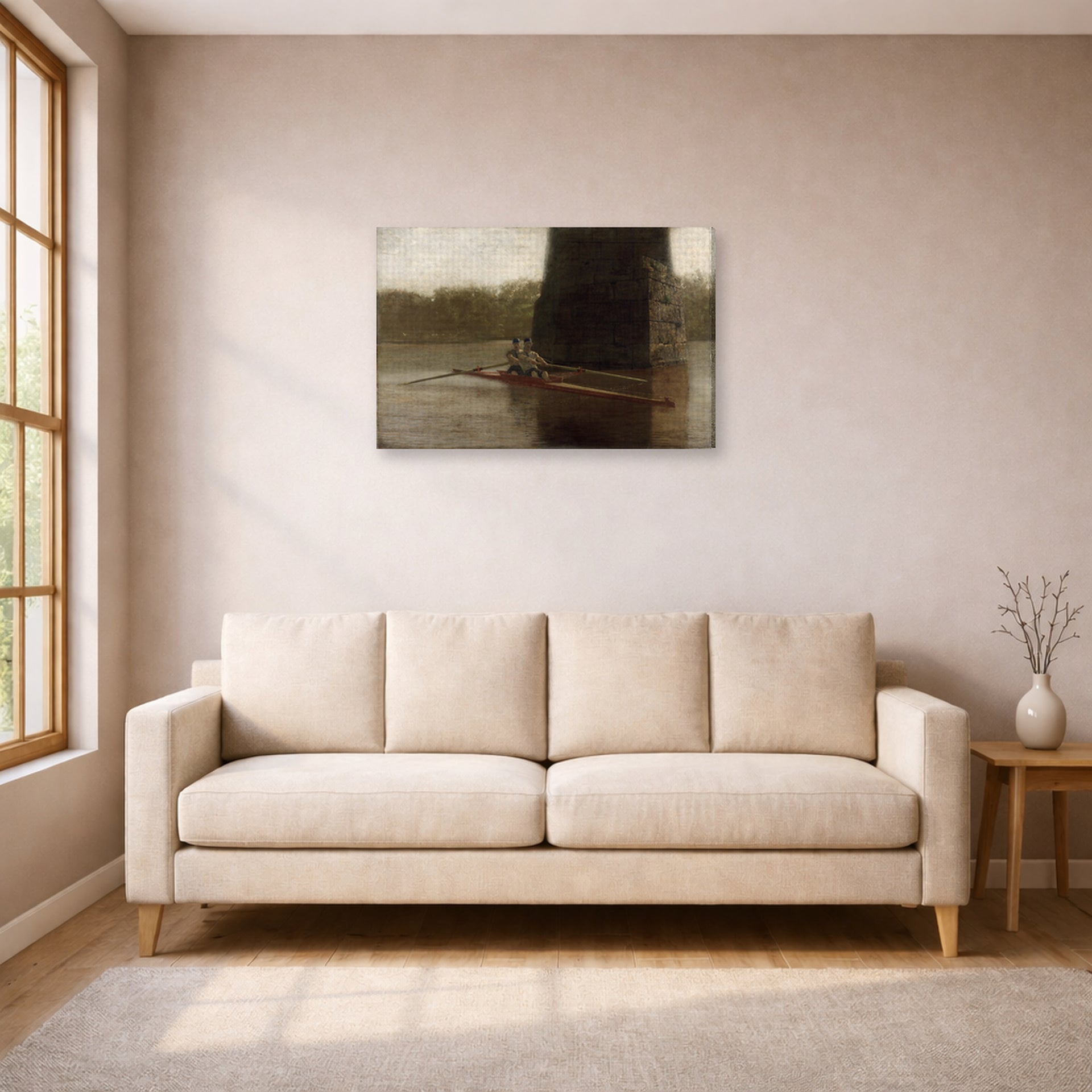 Gallery-wrapped canvas print of Thomas Eakins's The Pair Oared displayed on a wall in a living room