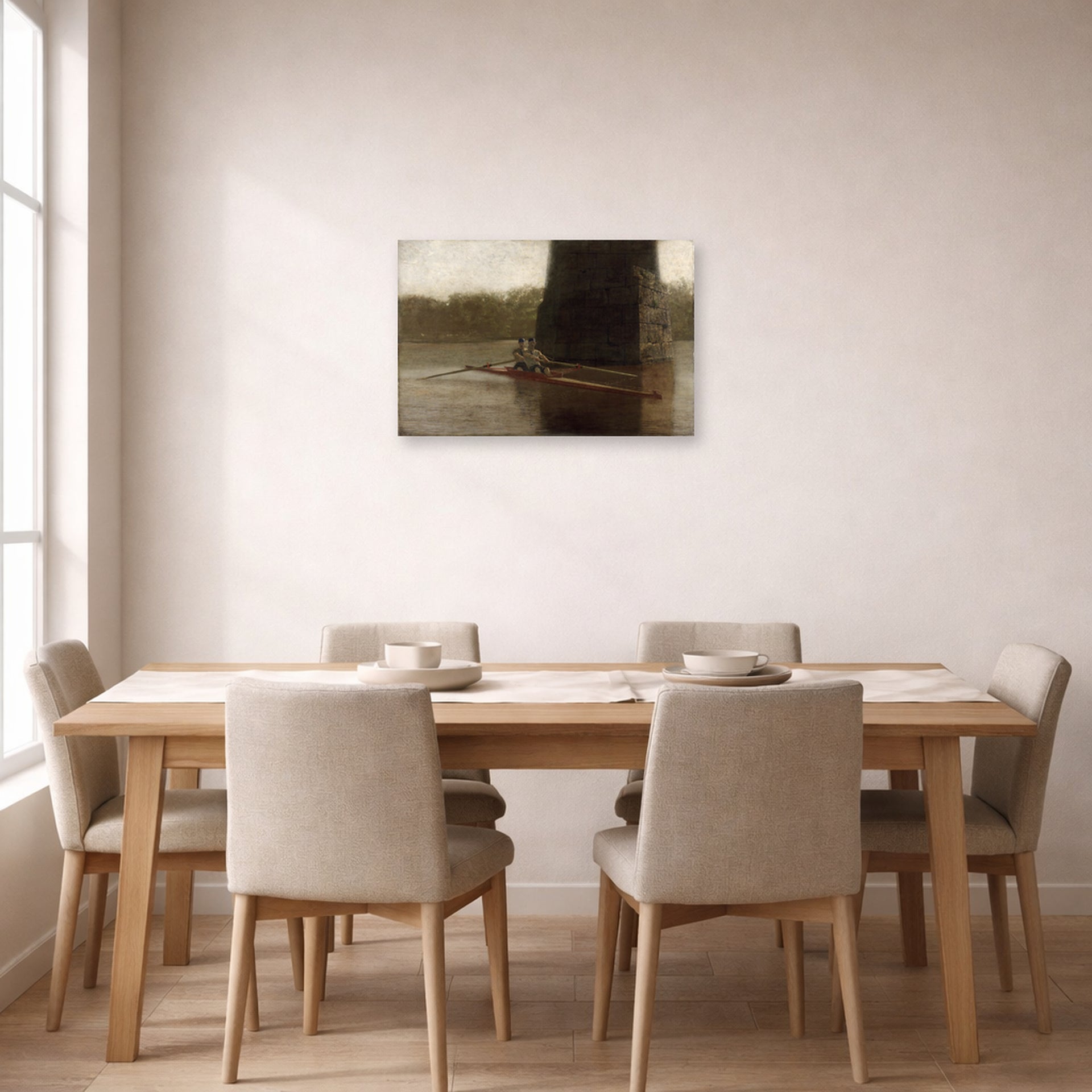 Unframed poster print of Thomas Eakins's The Pair Oared displayed on a wall in a dining room