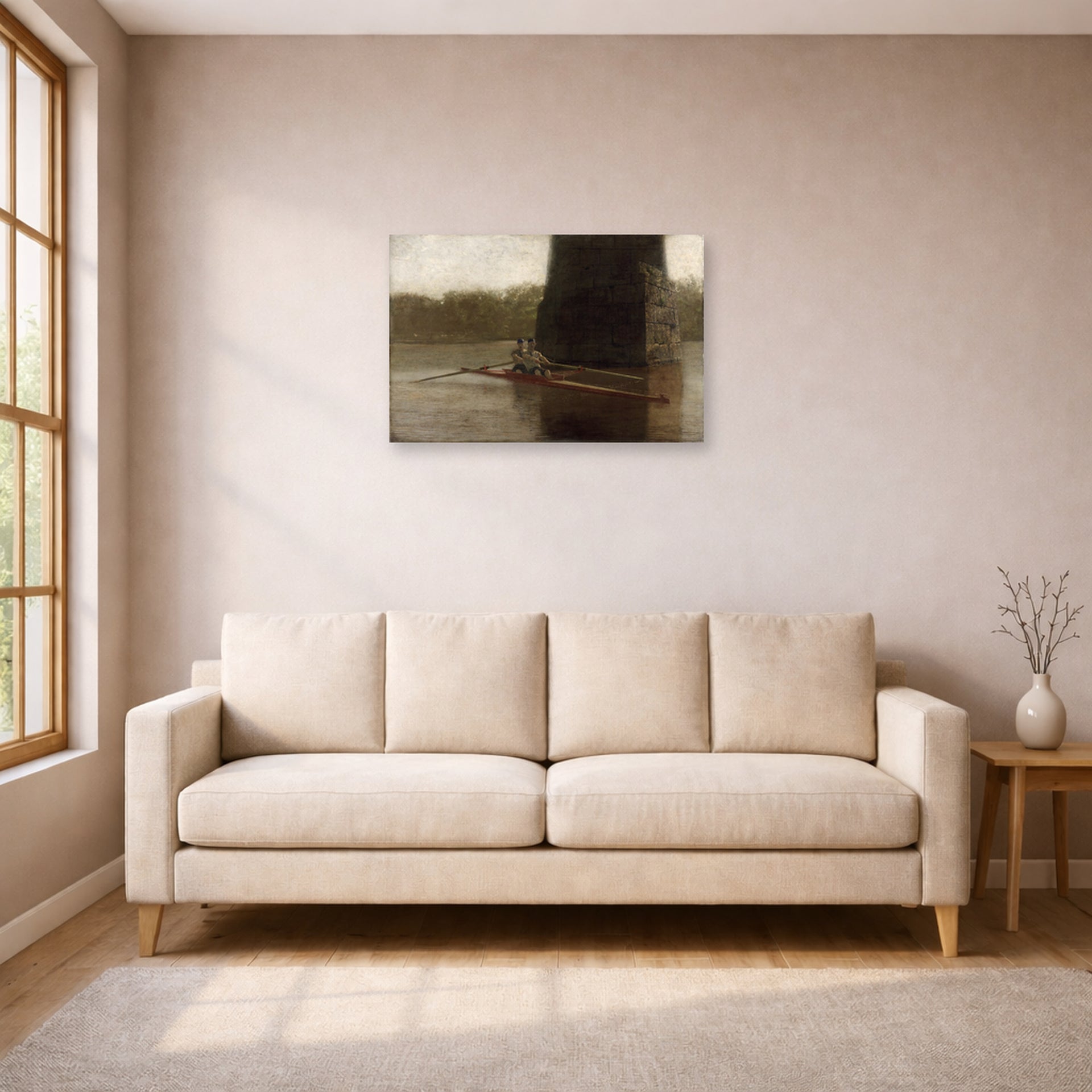 Unframed poster print of Thomas Eakins's The Pair Oared displayed on a wall in a living room