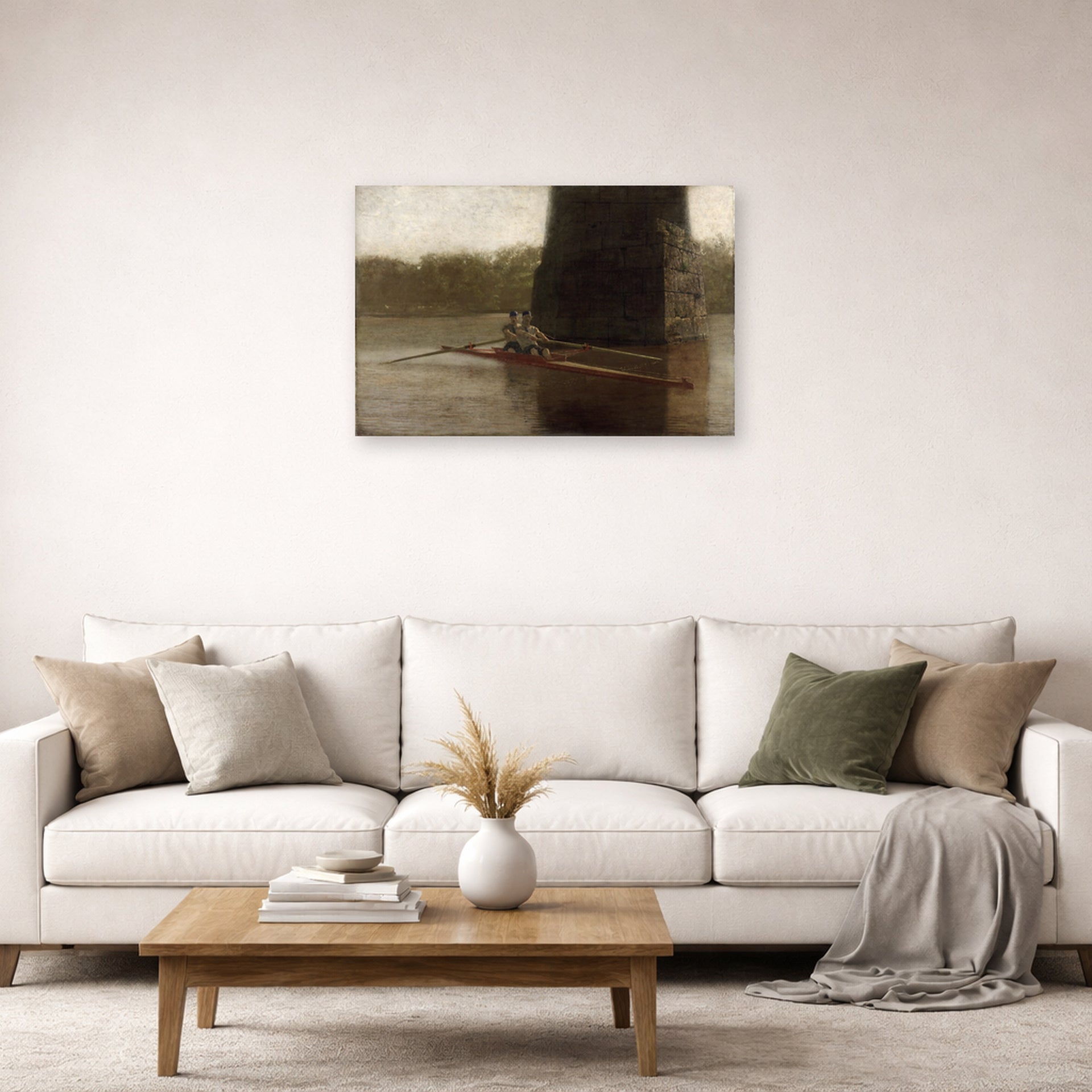 Unframed poster print of Thomas Eakins's The Pair Oared displayed on a wall in a living room