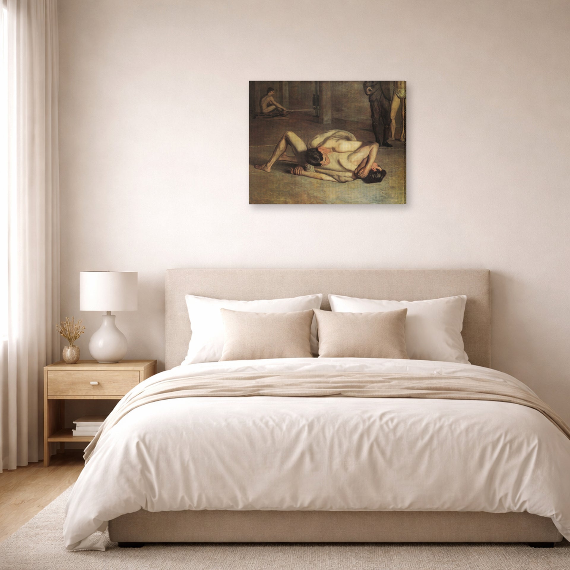 Gallery-wrapped canvas print of Thomas Eakins's The Wrestlers displayed on a wall in a bedroom