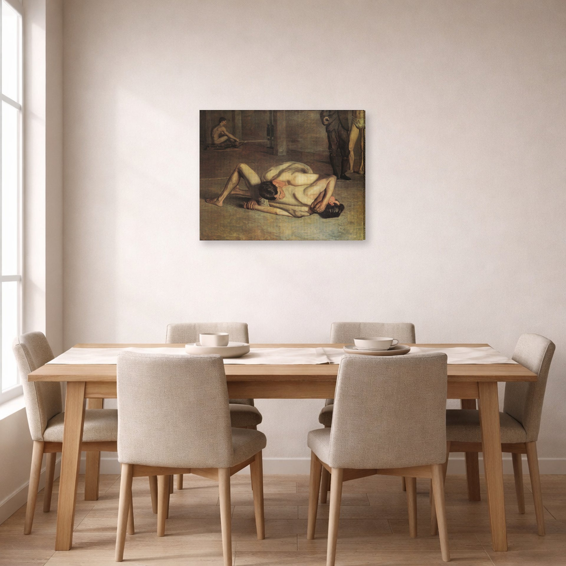 Gallery-wrapped canvas print of Thomas Eakins's The Wrestlers displayed on a wall in a dining room