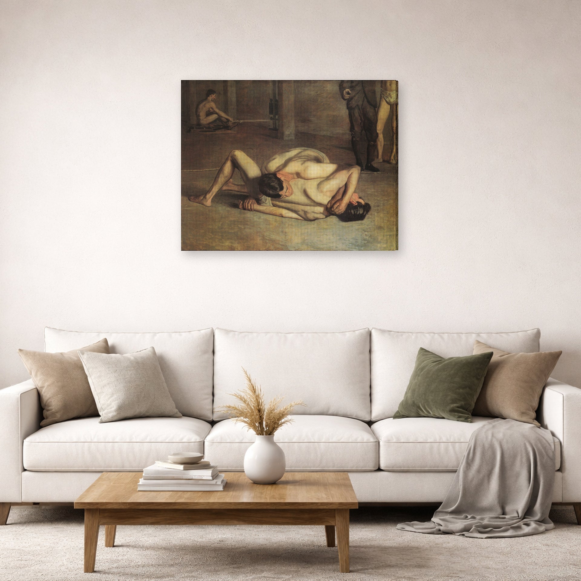 Gallery-wrapped canvas print of Thomas Eakins's The Wrestlers displayed on a wall in a living room