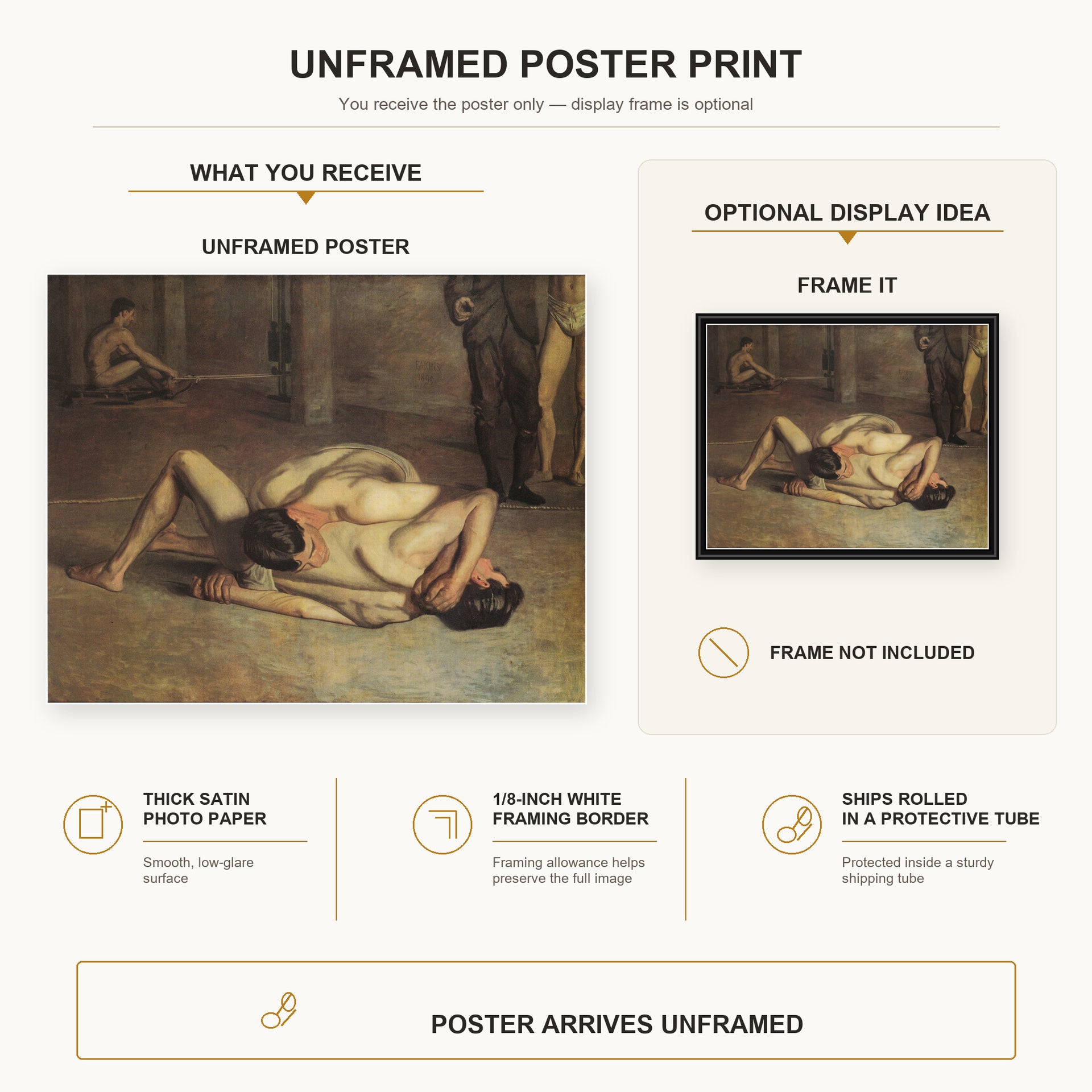 Thomas Eakins - The Wrestlers poster print size comparison and framing display infographic