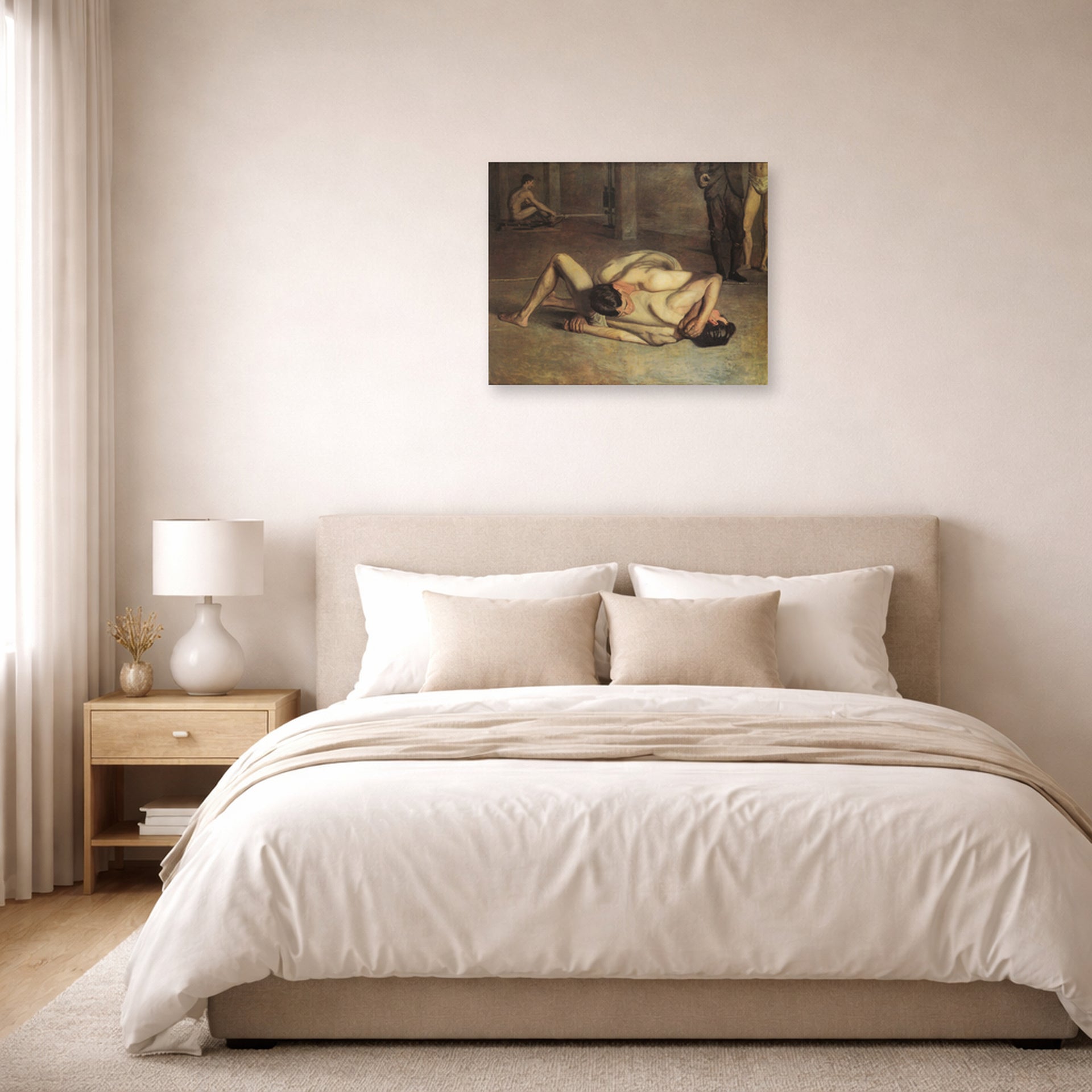 Unframed poster print of Thomas Eakins's The Wrestlers displayed on a wall in a bedroom