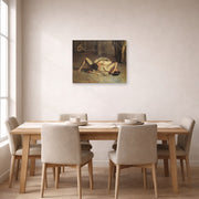 Unframed poster print of Thomas Eakins's The Wrestlers displayed on a wall in a dining room