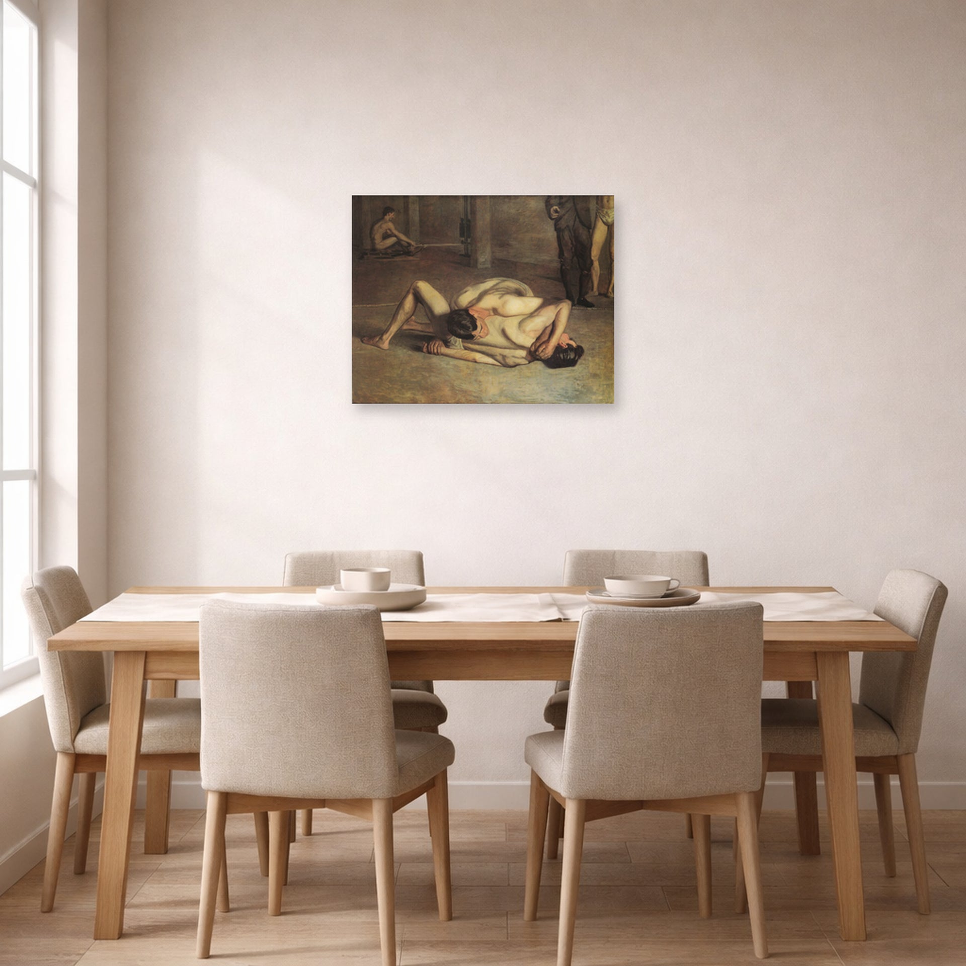 Unframed poster print of Thomas Eakins's The Wrestlers displayed on a wall in a dining room