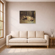 Unframed poster print of Thomas Eakins's The Wrestlers displayed on a wall in a living room