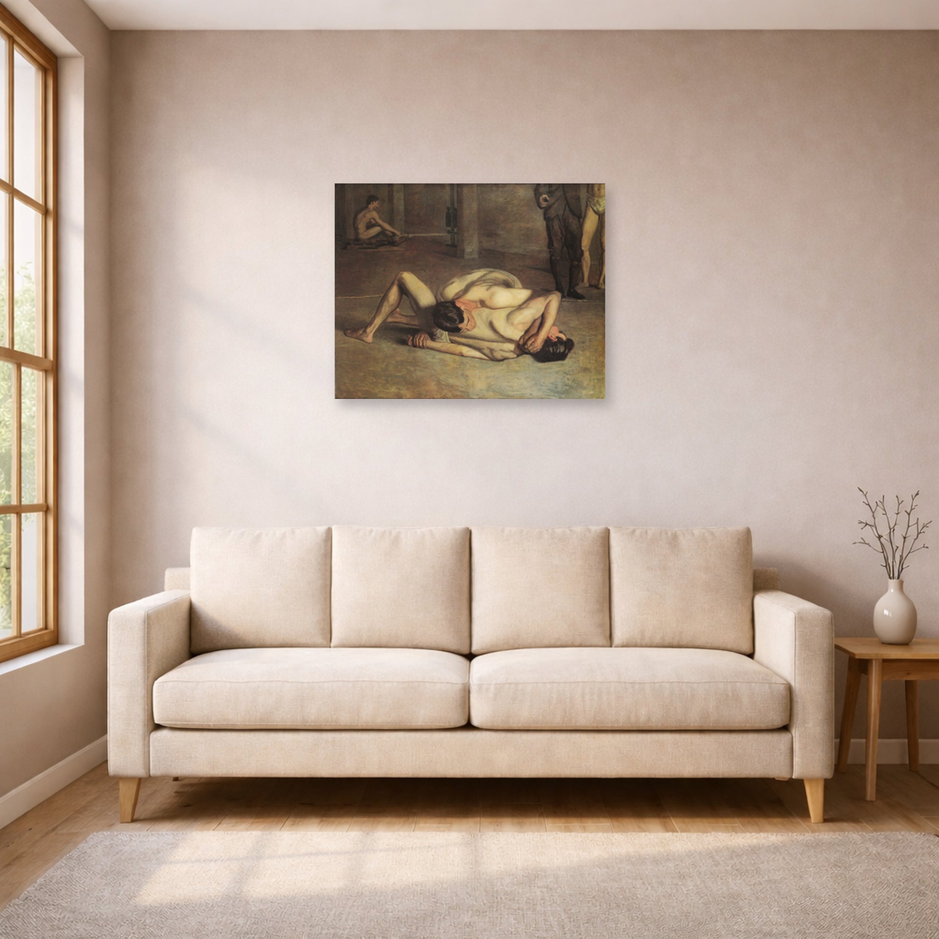 Unframed poster print of Thomas Eakins's The Wrestlers displayed on a wall in a living room