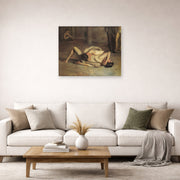 Unframed poster print of Thomas Eakins's The Wrestlers displayed on a wall in a living room