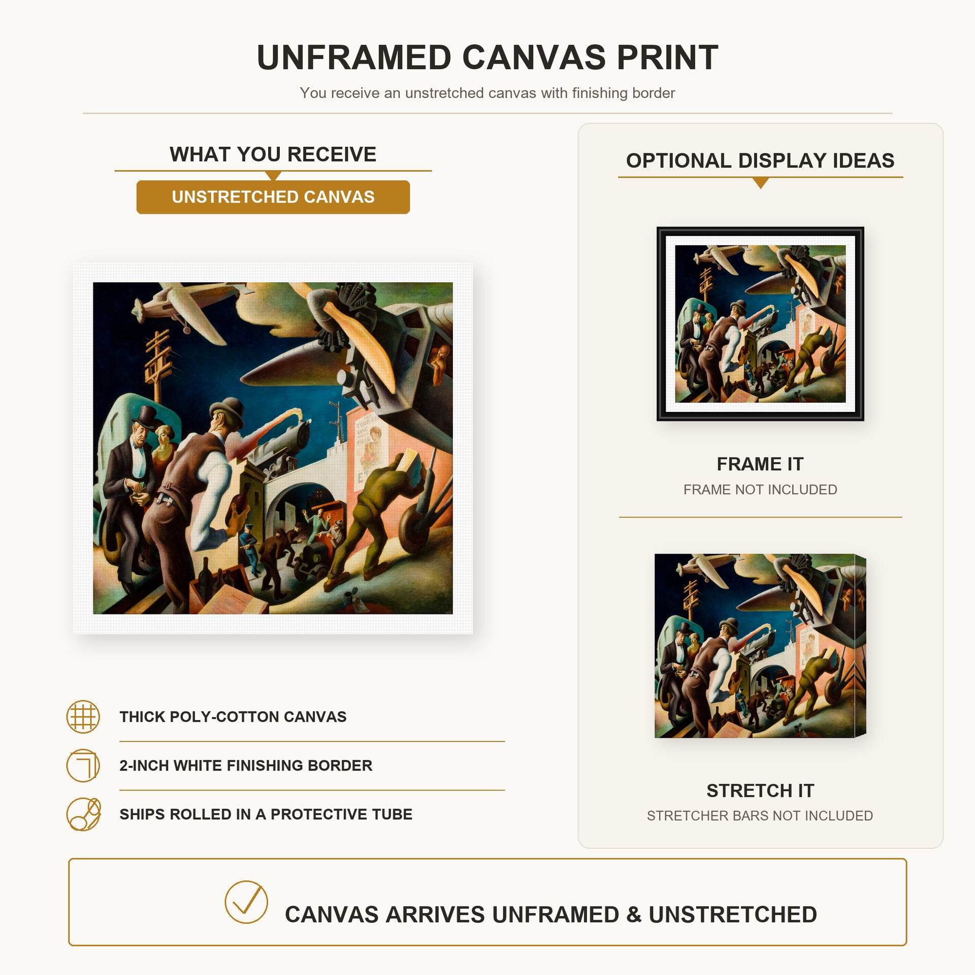 Thomas Hart Benton - Bootleggers canvas print size comparison and framing display infographic