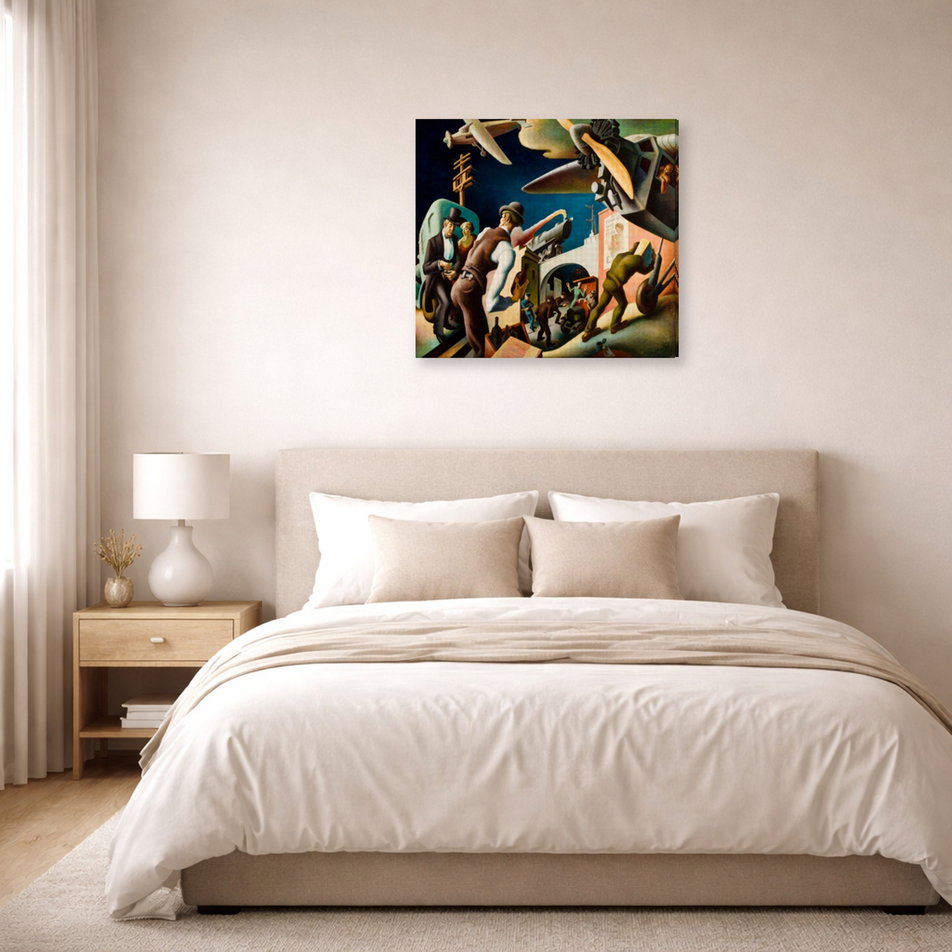 Gallery-wrapped canvas print of Thomas Hart Benton's Bootleggers displayed on a wall in a bedroom