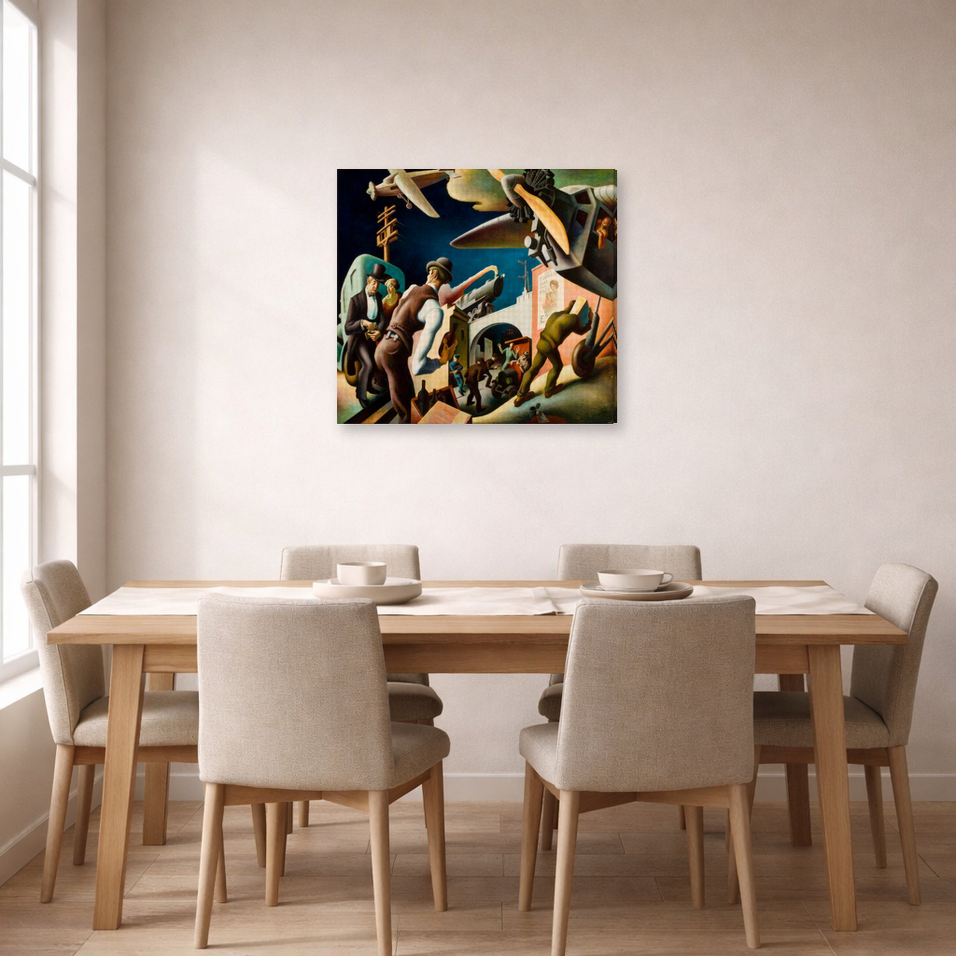 Gallery-wrapped canvas print of Thomas Hart Benton's Bootleggers displayed on a wall in a dining room