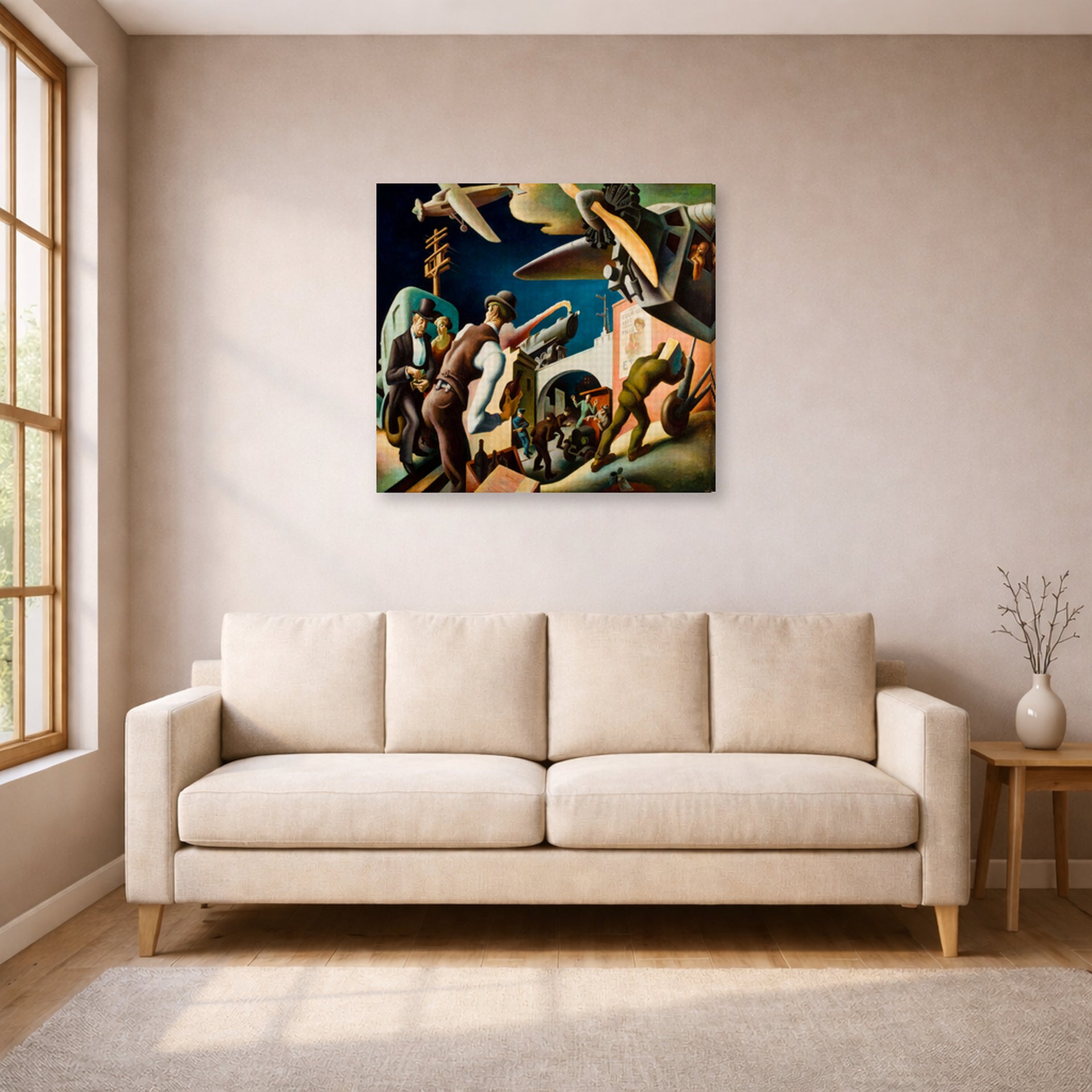 Gallery-wrapped canvas print of Thomas Hart Benton's Bootleggers displayed on a wall in a living room