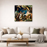 Gallery-wrapped canvas print of Thomas Hart Benton's Bootleggers displayed on a wall in a living room