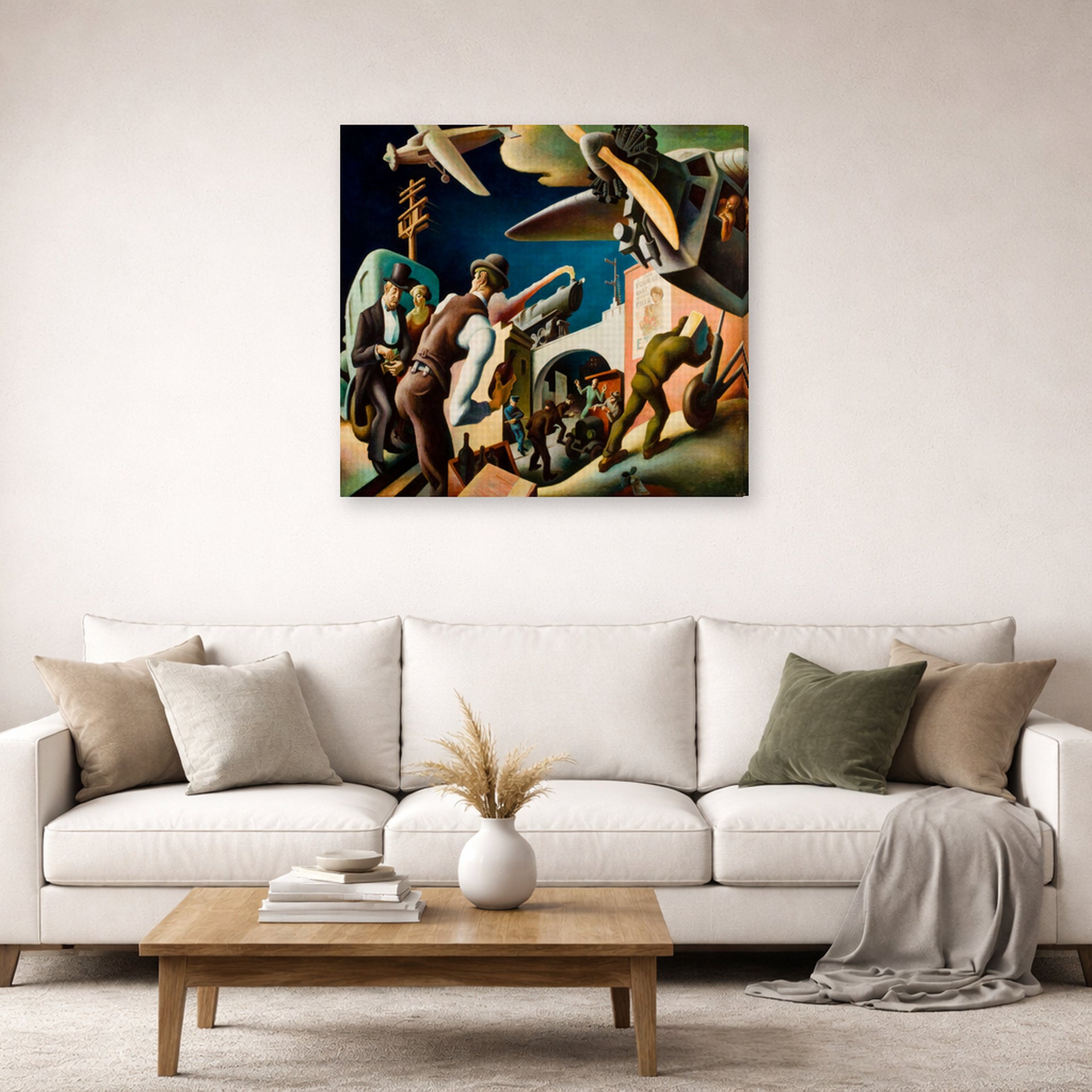 Gallery-wrapped canvas print of Thomas Hart Benton's Bootleggers displayed on a wall in a living room