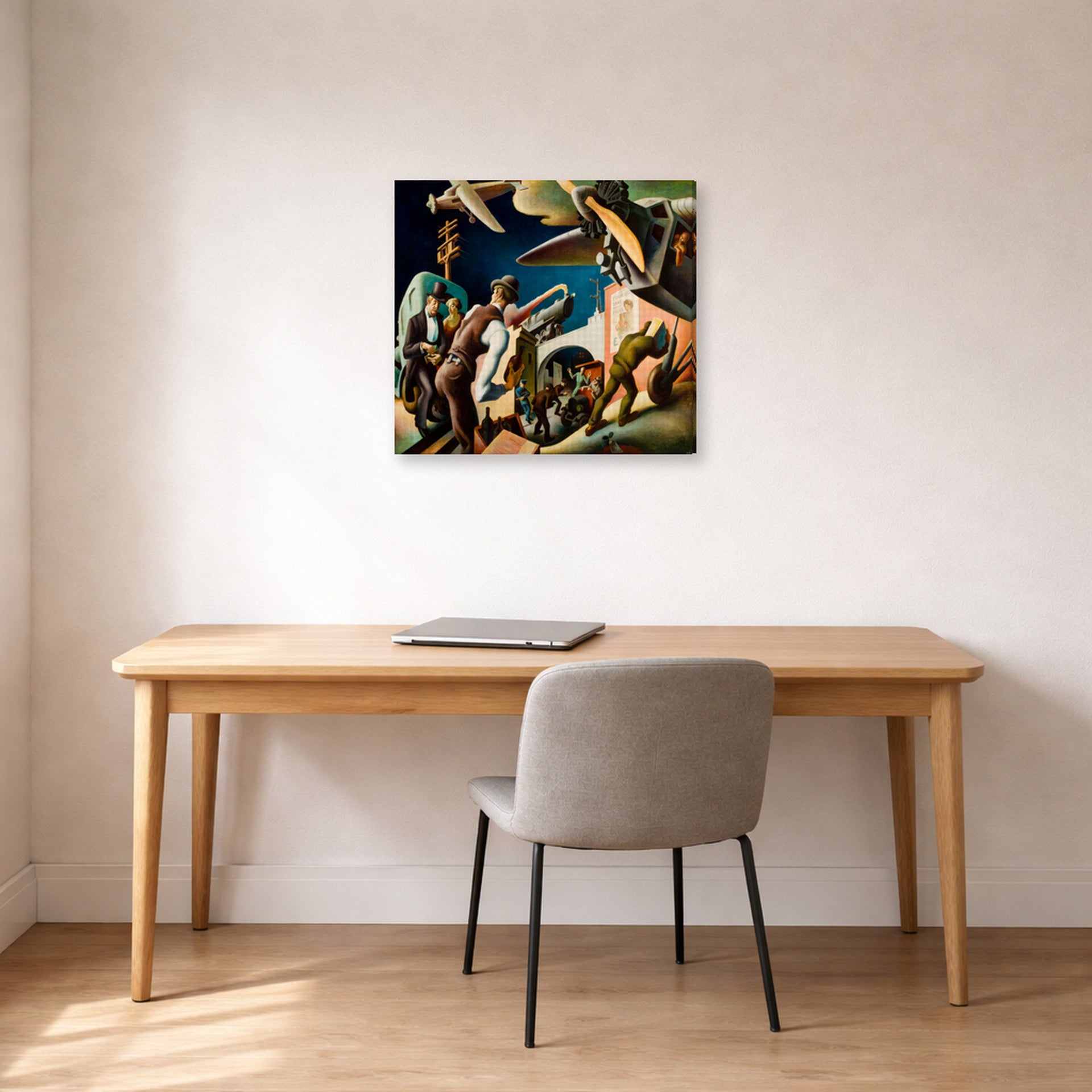Gallery-wrapped canvas print of Thomas Hart Benton's Bootleggers displayed on a wall in a home office