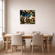 Unframed poster print of Thomas Hart Benton's Bootleggers displayed on a wall in a dining room