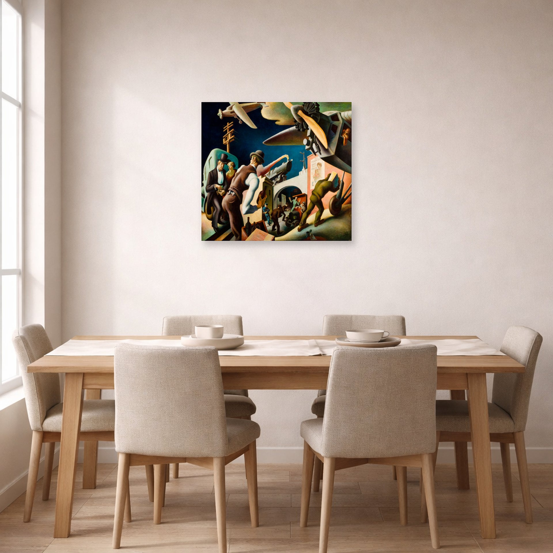 Unframed poster print of Thomas Hart Benton's Bootleggers displayed on a wall in a dining room