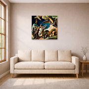 Unframed poster print of Thomas Hart Benton's Bootleggers displayed on a wall in a living room