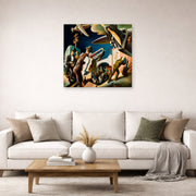 Unframed poster print of Thomas Hart Benton's Bootleggers displayed on a wall in a living room