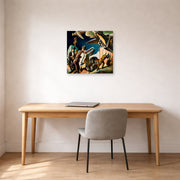 Unframed poster print of Thomas Hart Benton's Bootleggers displayed on a wall in a home office
