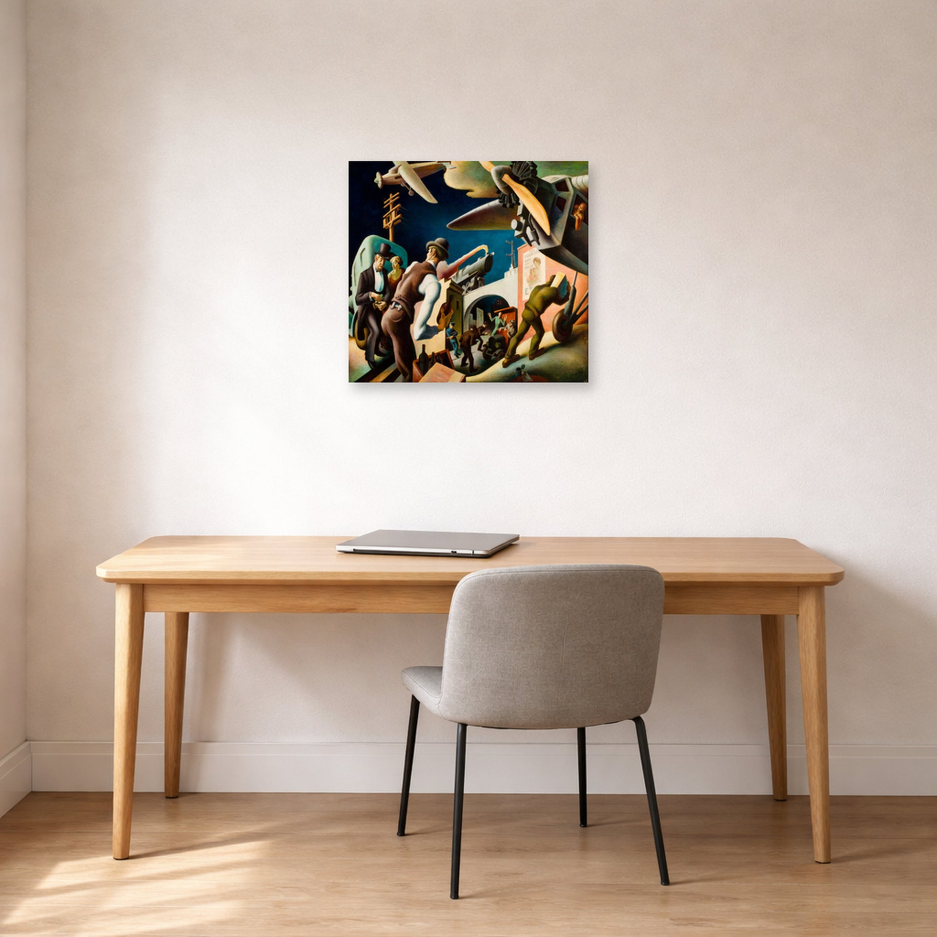 Unframed poster print of Thomas Hart Benton's Bootleggers displayed on a wall in a home office