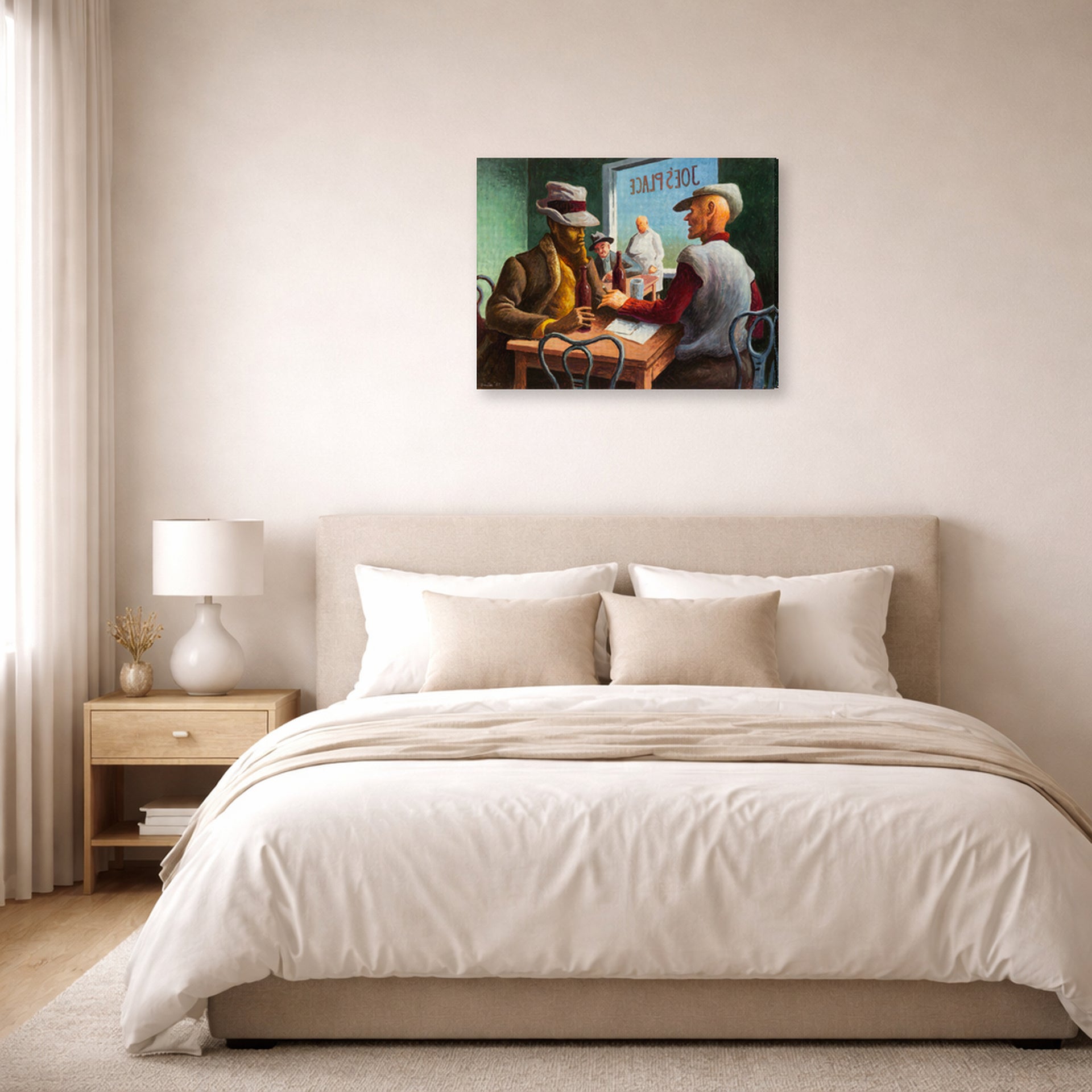 Gallery-wrapped canvas print of Thomas Hart Benton's Discussion displayed on a wall in a bedroom