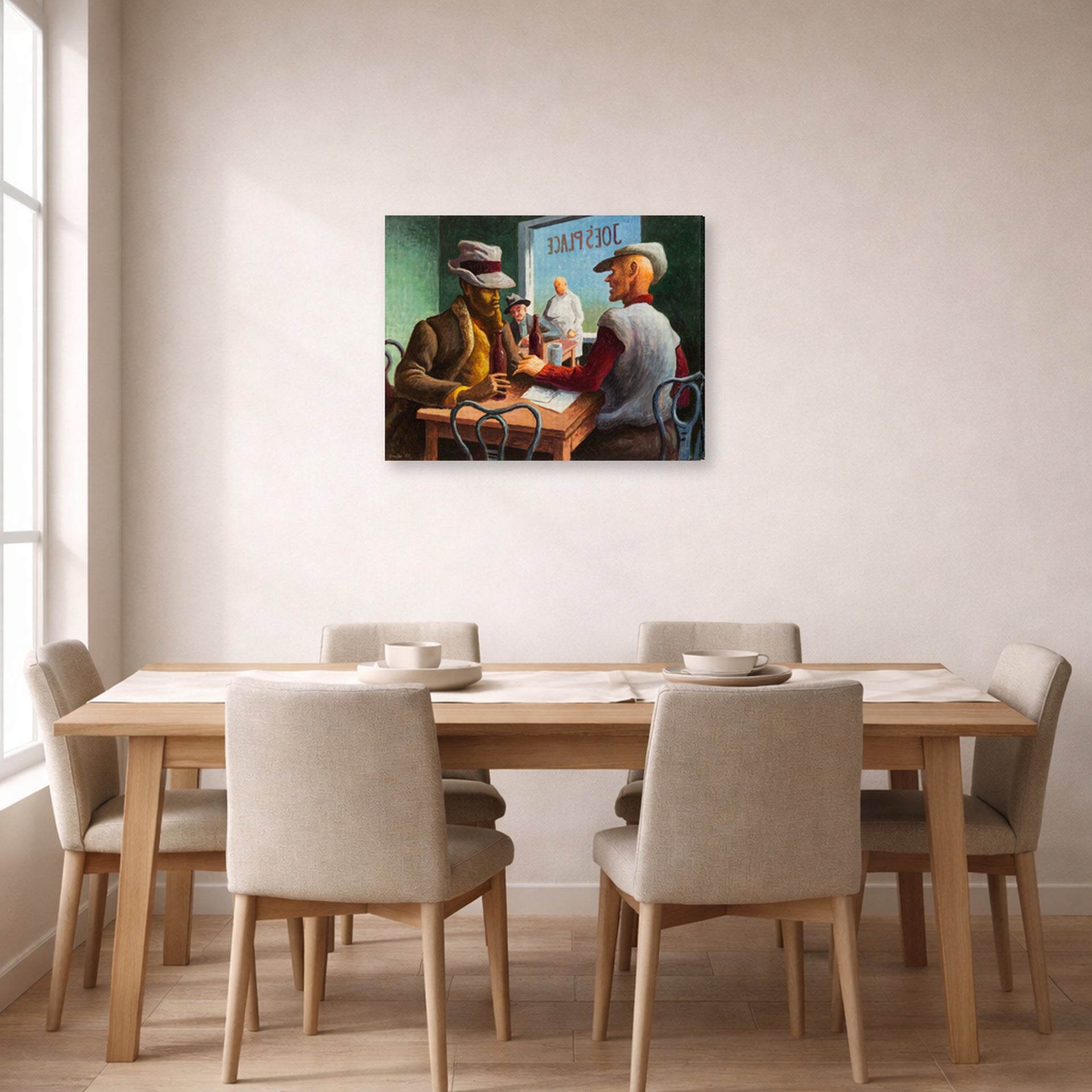 Gallery-wrapped canvas print of Thomas Hart Benton's Discussion displayed on a wall in a dining room