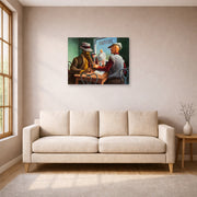 Gallery-wrapped canvas print of Thomas Hart Benton's Discussion displayed on a wall in a living room
