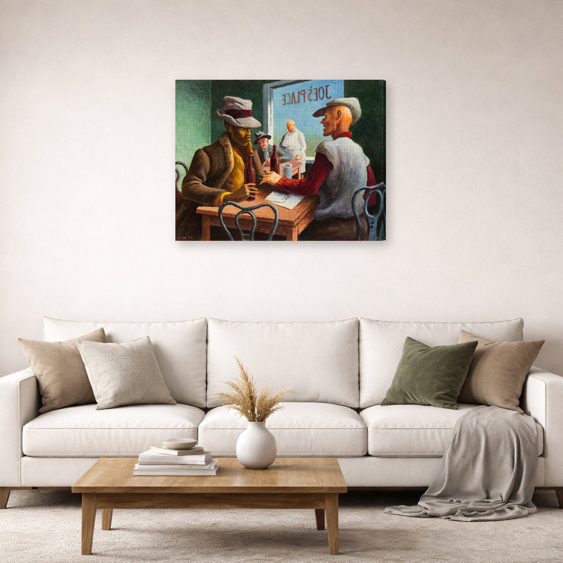 Gallery-wrapped canvas print of Thomas Hart Benton's Discussion displayed on a wall in a living room