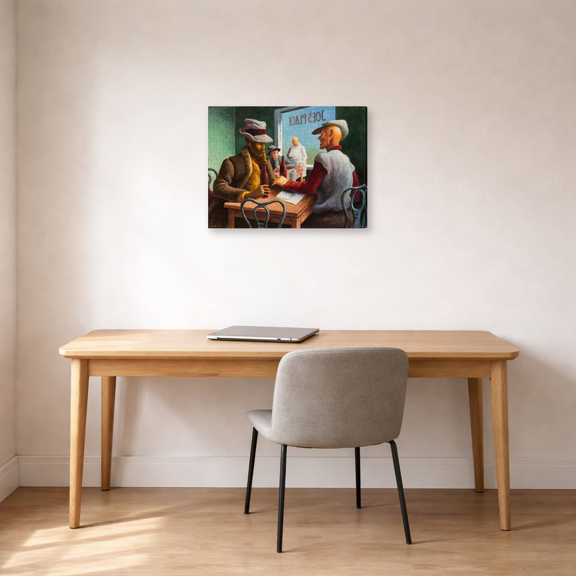 Gallery-wrapped canvas print of Thomas Hart Benton's Discussion displayed on a wall in a home office