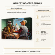 Thomas Hart Benton - Discussion gallery wrap canvas construction and hanging details infographic