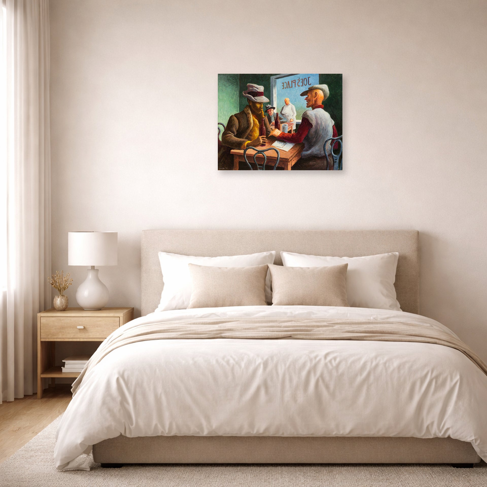 Unframed poster print of Thomas Hart Benton's Discussion displayed on a wall in a bedroom