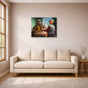 Unframed poster print of Thomas Hart Benton's Discussion displayed on a wall in a living room