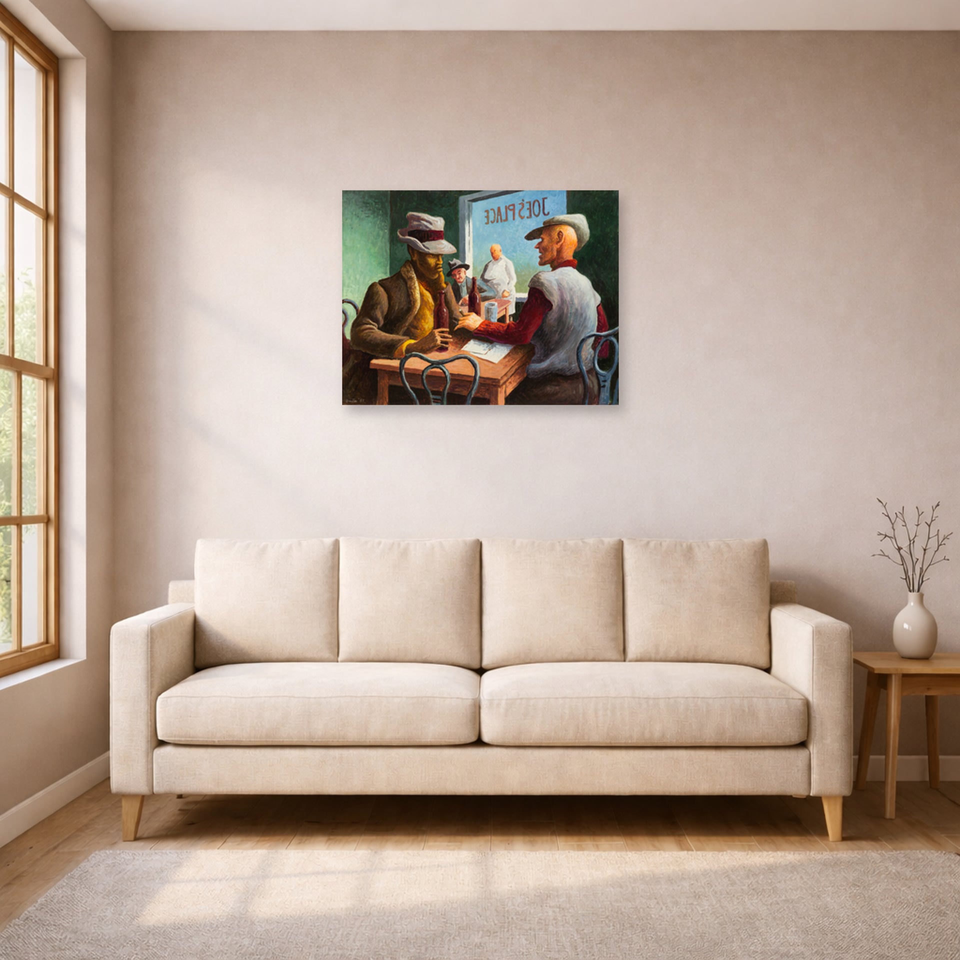Unframed poster print of Thomas Hart Benton's Discussion displayed on a wall in a living room
