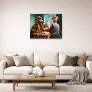 Unframed poster print of Thomas Hart Benton's Discussion displayed on a wall in a living room