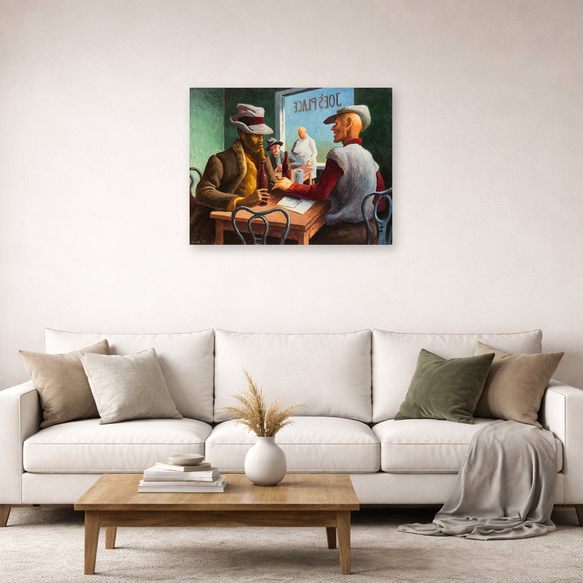 Unframed poster print of Thomas Hart Benton's Discussion displayed on a wall in a living room