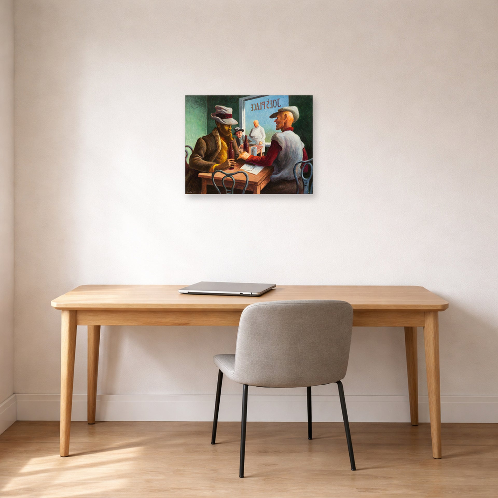 Unframed poster print of Thomas Hart Benton's Discussion displayed on a wall in a home office