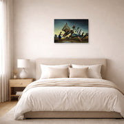 Gallery-wrapped canvas print of Thomas Hart Benton's Flood Disaster displayed on a wall in a bedroom