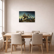 Gallery-wrapped canvas print of Thomas Hart Benton's Flood Disaster displayed on a wall in a dining room