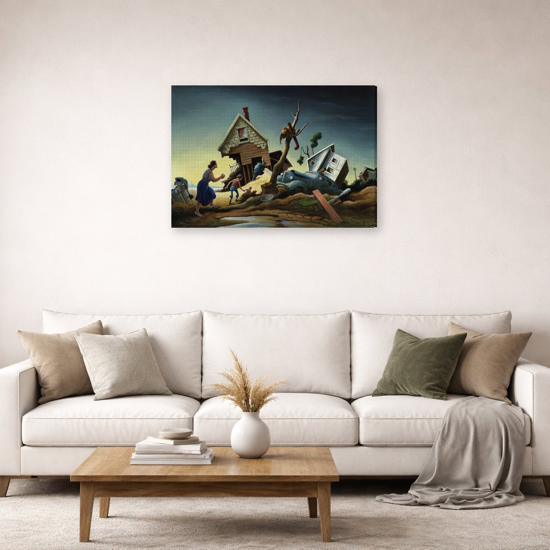 Gallery-wrapped canvas print of Thomas Hart Benton's Flood Disaster displayed on a wall in a living room
